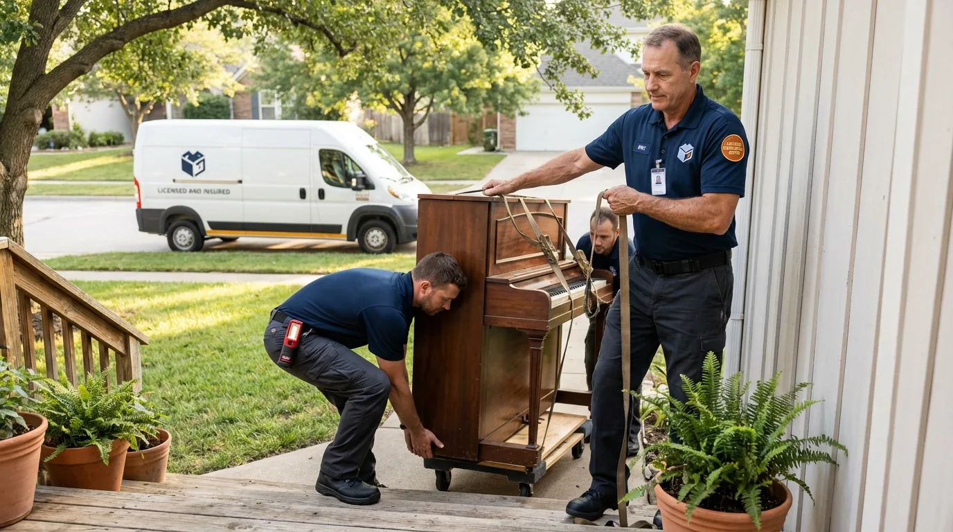 Licensed piano movers securing grand piano in Scottsbluff, NE