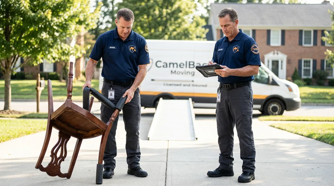 Movers inspecting furniture for damage prevention before loading in Scottsbluff, NE