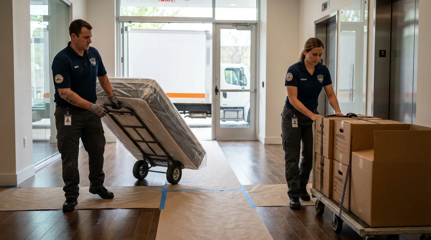 Professional apartment movers loading elevator in Scottsbluff, NE