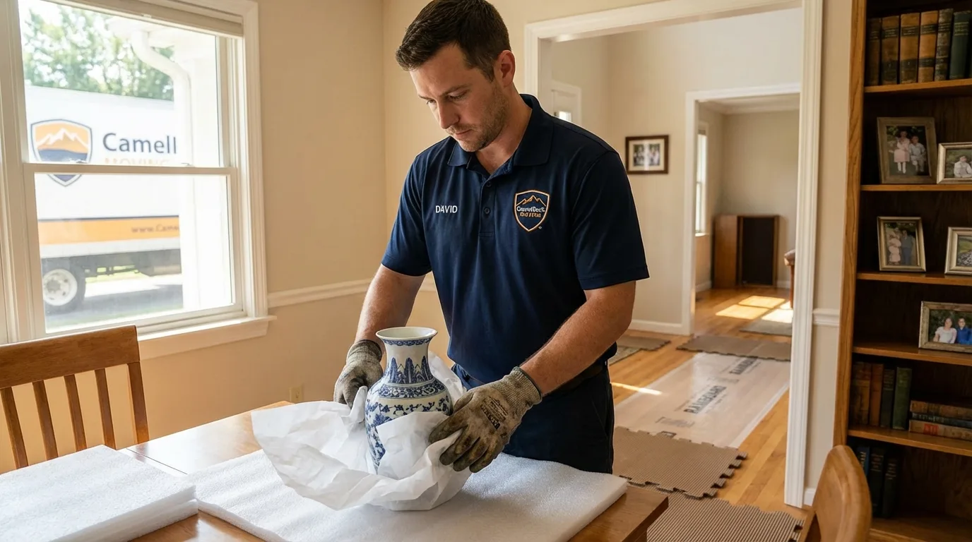 Professional crew carefully wrapping antique vase for senior downsizing move in Scottsbluff, NE